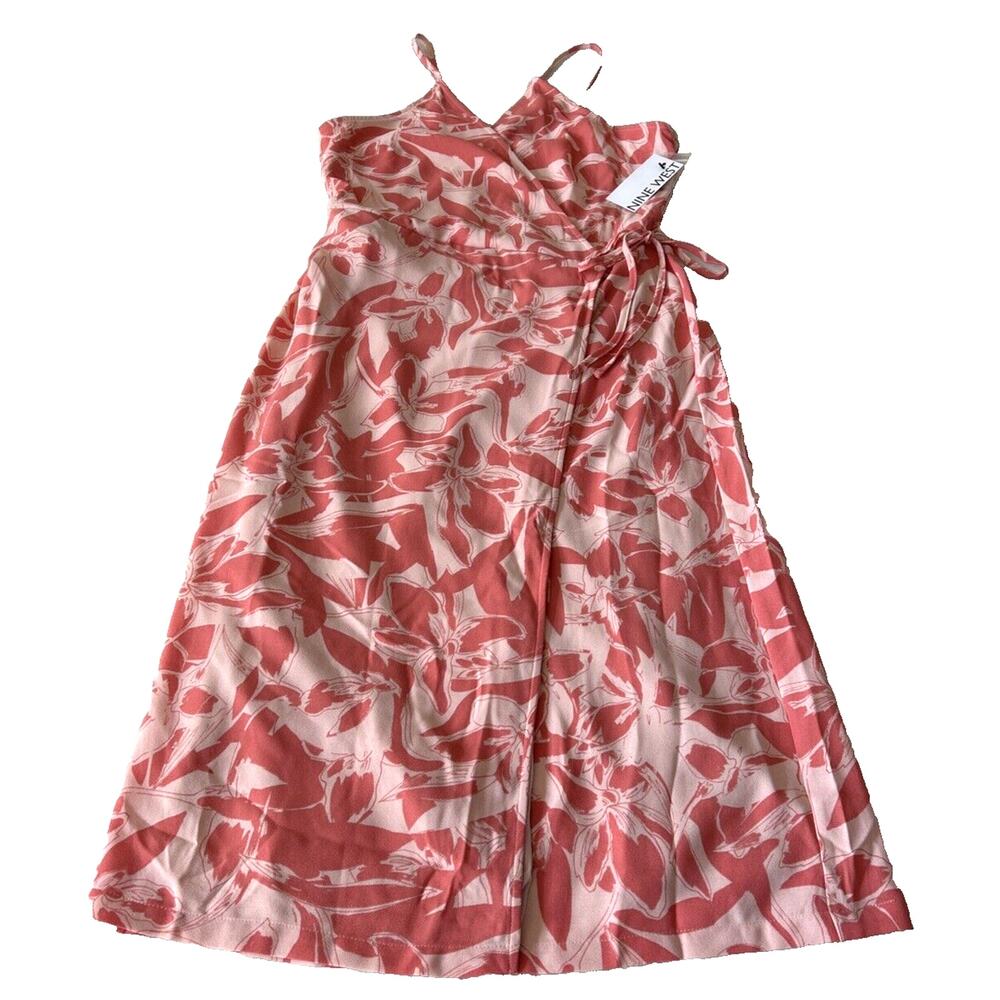 Nine West Wrap Dress Women Sz. M Pink Floral Midi Summer Vacation Adj Straps NEW